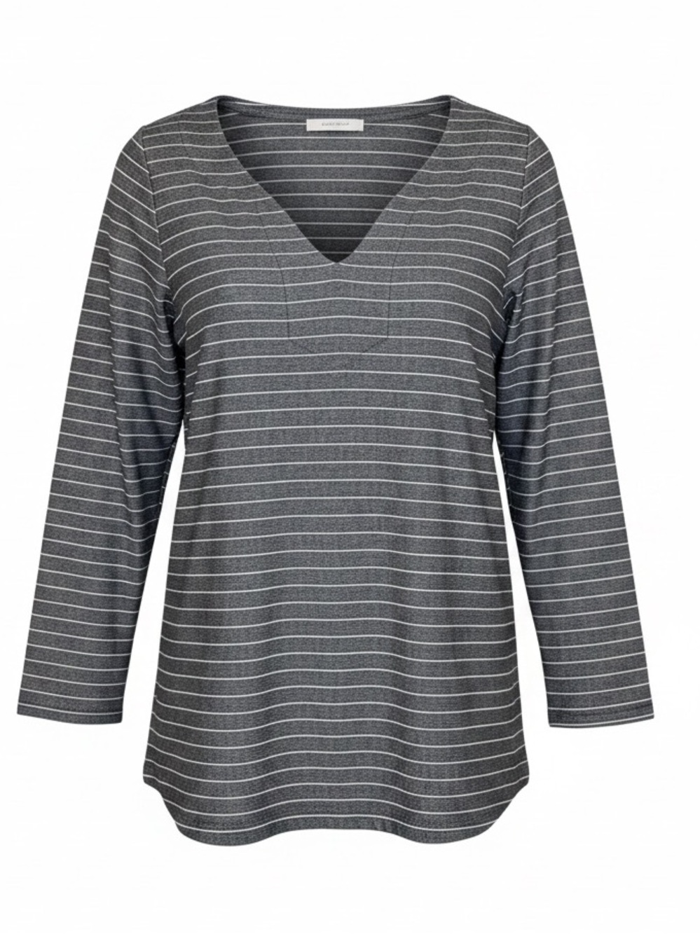 Talbots Woman 2X Gray White Striped V-Neck Knit Tunic Top 3/4 Sleeve Plus